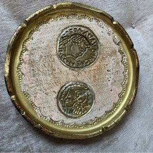 Vintage Florentine coaster/trinket tray - gold and a faded pink